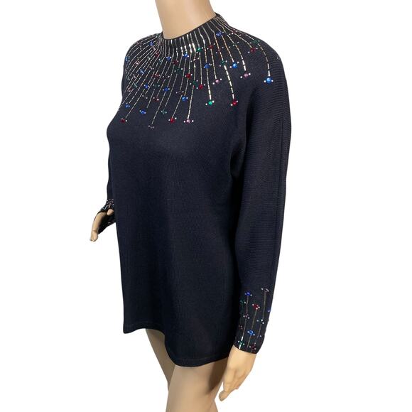 St. John $590 Black Gold Pailette Colorful Rhinestone Starburst Sweater SZ S - Picture 4 of 14